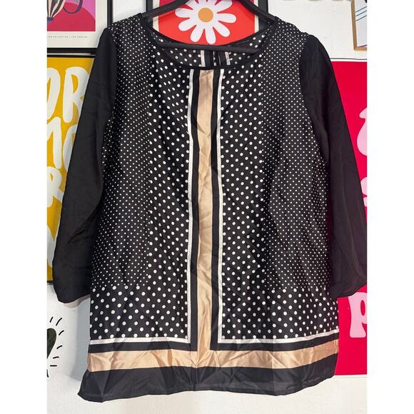 Ann Taylor Polka Dot Geometric Print Blouse Size 4 Black Beige Long Sleeve Top - Picture 1 of 5